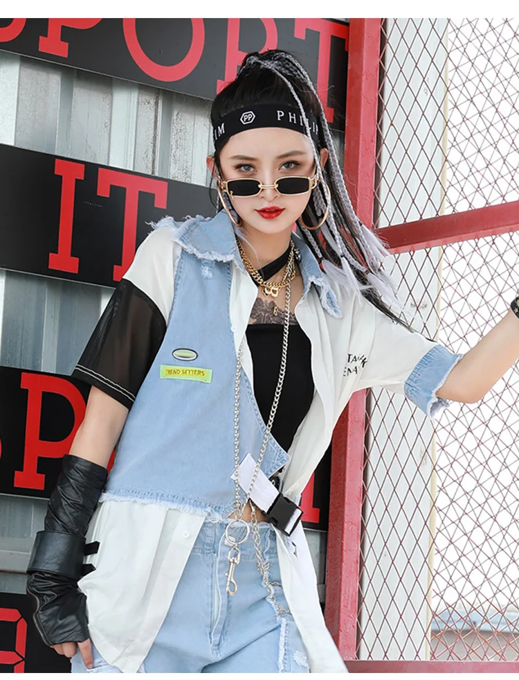 

Vefadisa Summer New Denim Patchwork Women Blouse 2021 White Fashion Casual Shirts Stitching Color Female Blouse Loose QYF5754