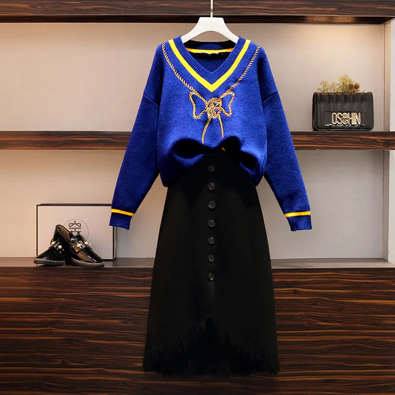 

Autumn Spring Sweater Women Plus Size 2 Piece Set Korean Sweet Print Knitwear Pullover + Irregular Striped Skirt Knit 2PCS Sets