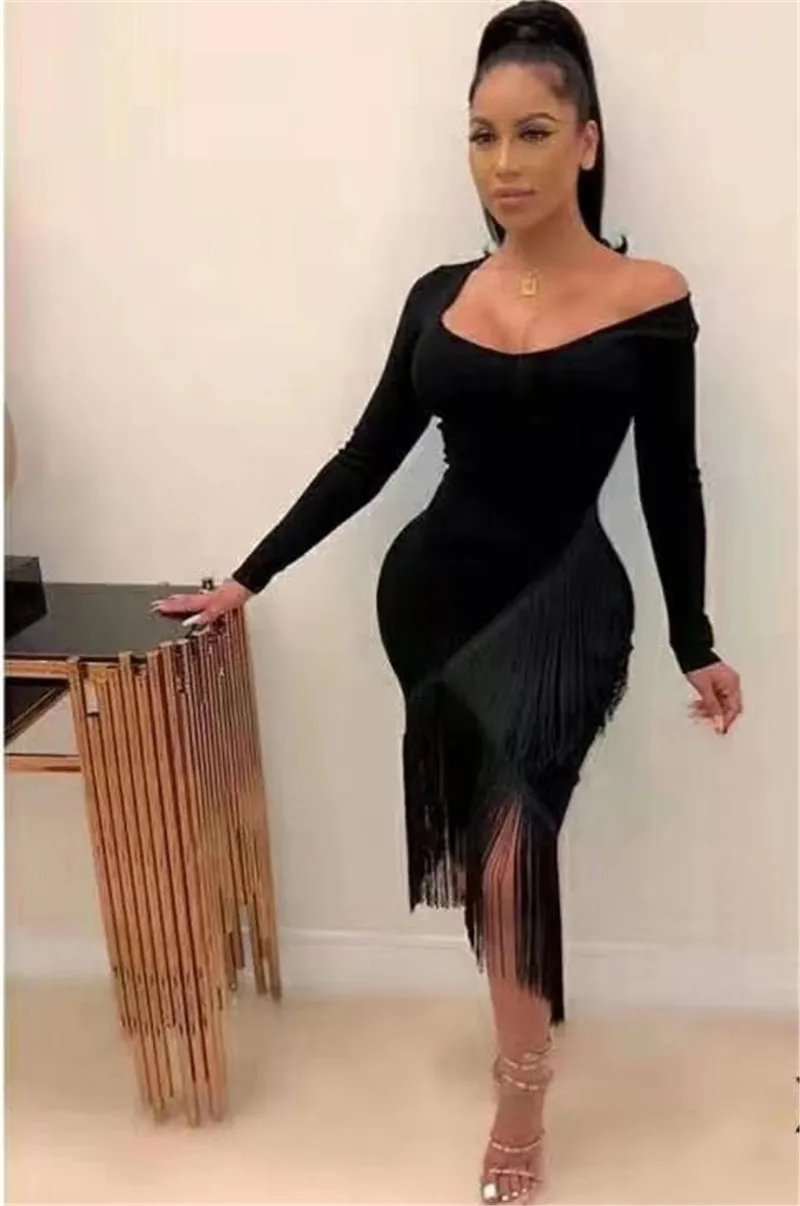 Высокое качество с длинным рукавом Твердые кисточкой Bodycon вискоза Бандажное
