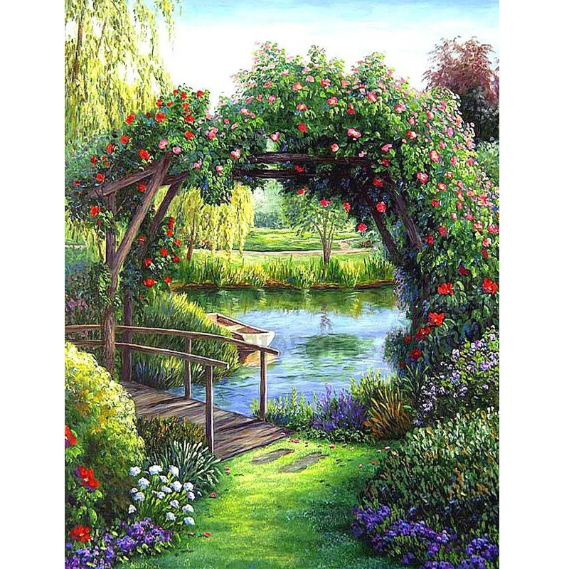 

Landscape, flower bridge and lake, path full square and round diamond cross embroidered Mosaic diamond embroidery decor GG2759