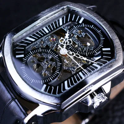 Black Новые автоматические механические часы из сплава Tourbillon, водонепроницаемые мужские часы с ремешком из натуральной кожи, мужские наручные часы - Цвет: Black