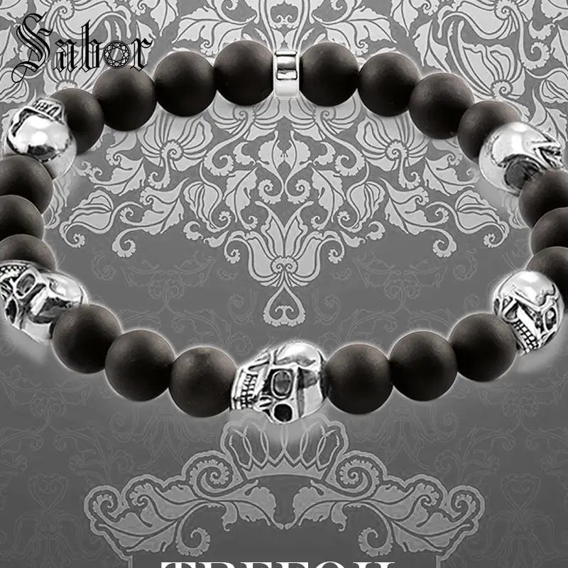 Аксессуары браслет из нитки с 5 черепами обсидиановые бусины Новинка затемненный