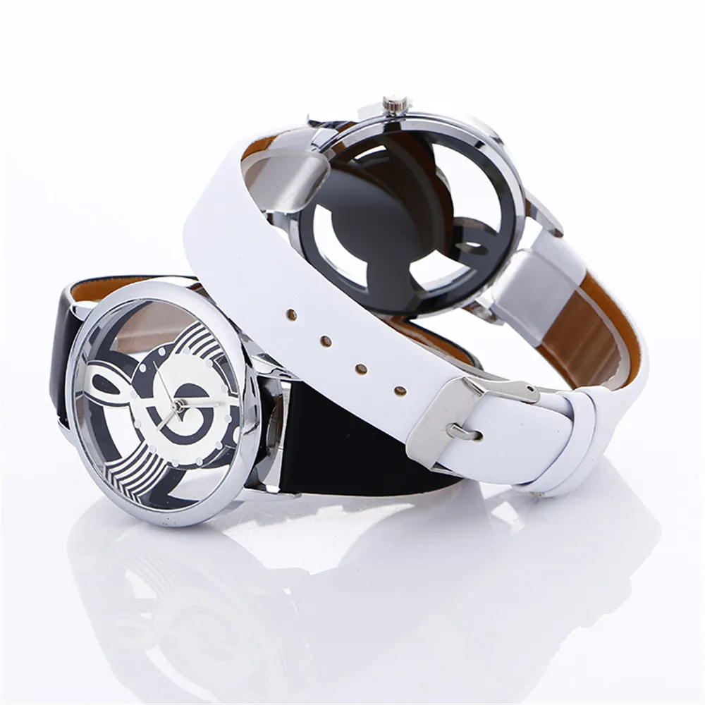 

Stylish Musical Note Painting Leather Bracelet Lady Womans Wrist Watches Simple Engraving Hollow Ladies Watches Bracelet Montre