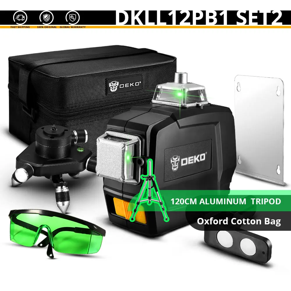 DKLL12PB1 SET2 DEKO DC Series 12 Lines 3D Green Laser Level Horizontal And Vertical Cross Lines With Auto Self-Leveling, Indoors and Outdoors - Цвет: DKLL12PB1 SET2