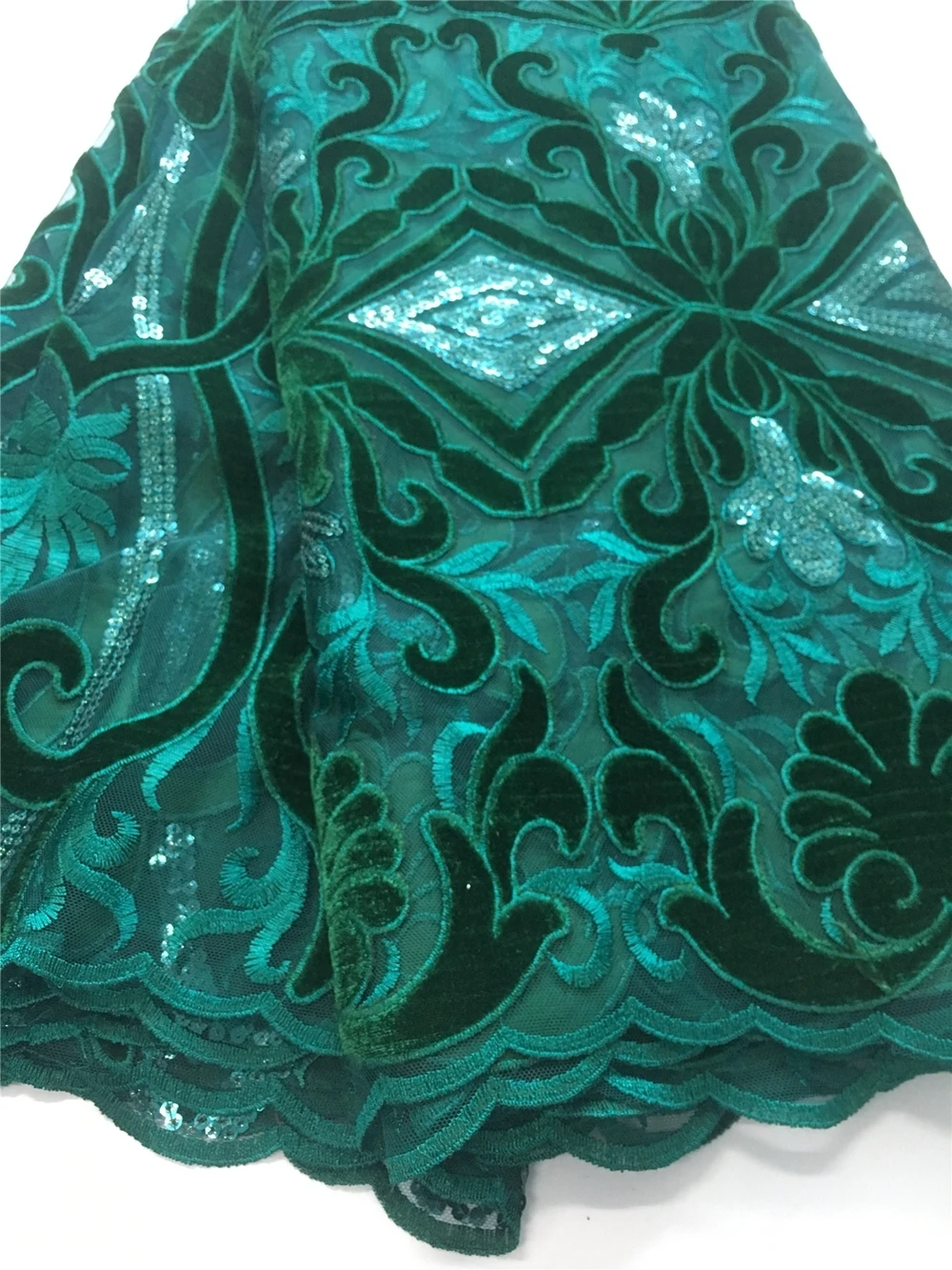 Французский вельветовый кружевной ткани ANNA зеленое кружево с блестками в