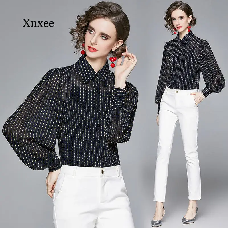 

Women Black Polka Dot Chiffon Blouse Female Vintage Turn-Down Neck Lantern Long Sleeve Single Breasted Loose Shirt Spring Autumn