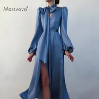 sexy high new split womens satin dress solid elegant office dresses for female 2021 puff sleeve dress oversized autumn clothing