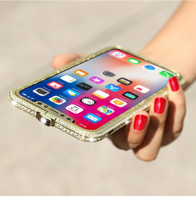 Блестящие стразы с алюминиевой рамкой для iPhone X XS Max XR 8 7 6 6S Plus чехол-бампер с алмазами с задней передней пленкой