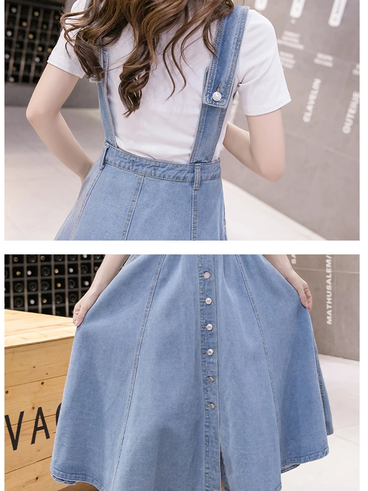 

Women Denim Long Skirt Spring Summer Suspender Overall Vest Jumpsuit Braces Skirts Preppy Style Korean Sleeveless Skirt B03401B