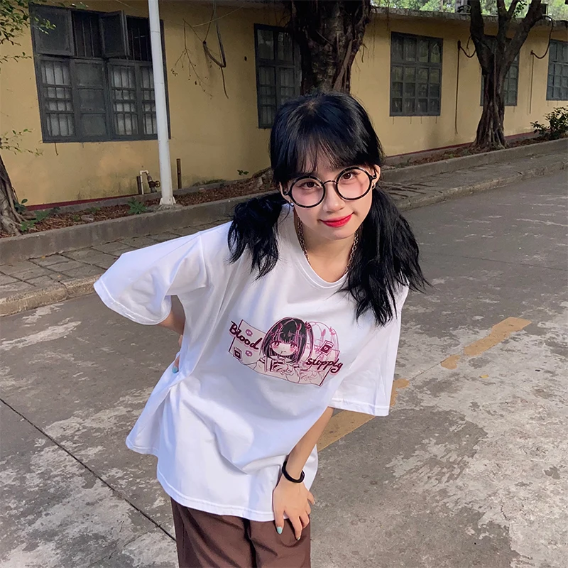 

Sweet Soft Girl Loose Mid-Length T-Shirt Kawaii Harajuku Cute Short-Sleeved Tee Summer Comic Cartoon Print O-Neck Streetwear