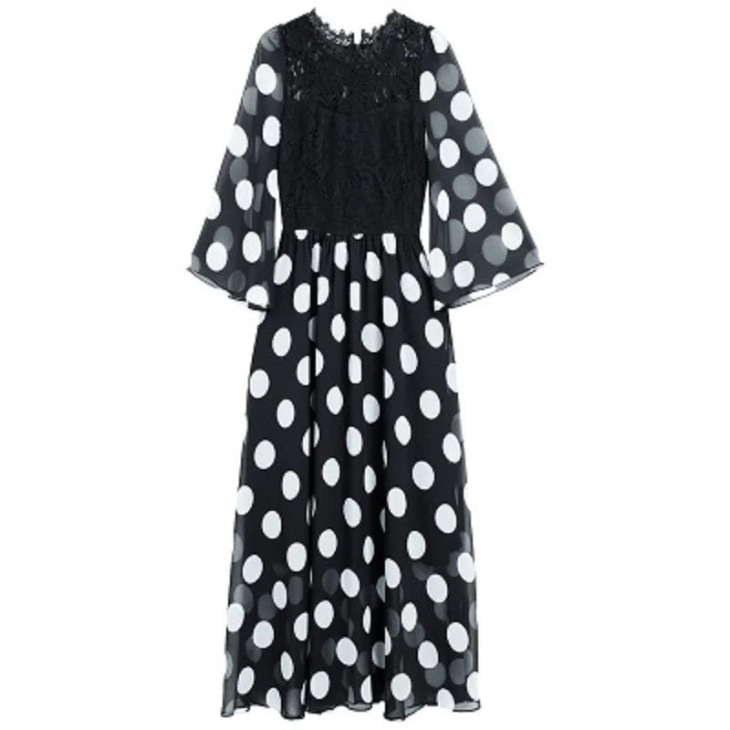 

Dot dresses Flare Wave sleeve 2021 new fashion spring Summer high waist dress print cotton slim O-neck A-line skirt Plus XXXL