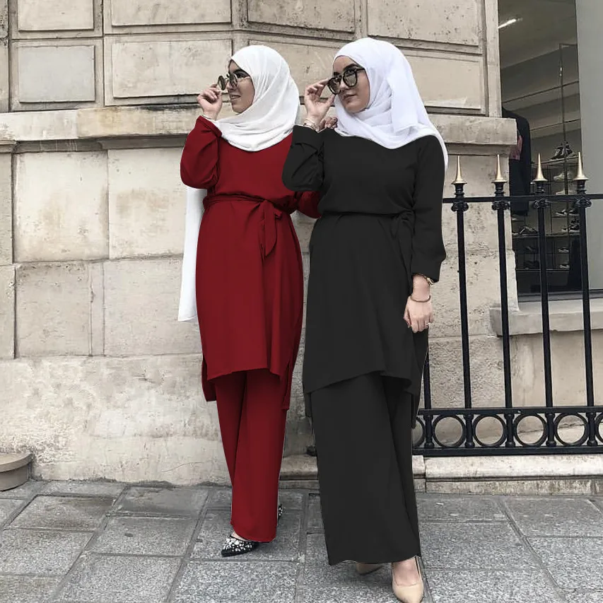 

Muslim Tops Ensemble Femme 2pcs Sets Pantalon UAE Abaya Suits Kimono Long Katfan Middle East Ramadan Arab Islamic Clothing