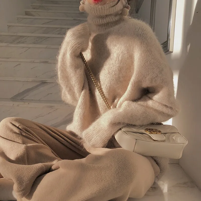 Новинка женский свитер из кашемира и норки с высоким воротником теплый длинными