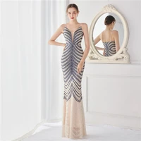 elegant long evening dresses for women party 2022 striped sequins spaghetti strap v neck mermaid prom gowns robe de soir%c3%a9e femme