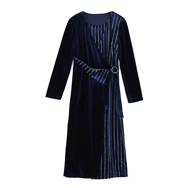 

COIGARSAM 4XL Plus Size Striped Women dress New Spring Patchwork Full Sleeve Solid O-Neck Dresses Blue 9893