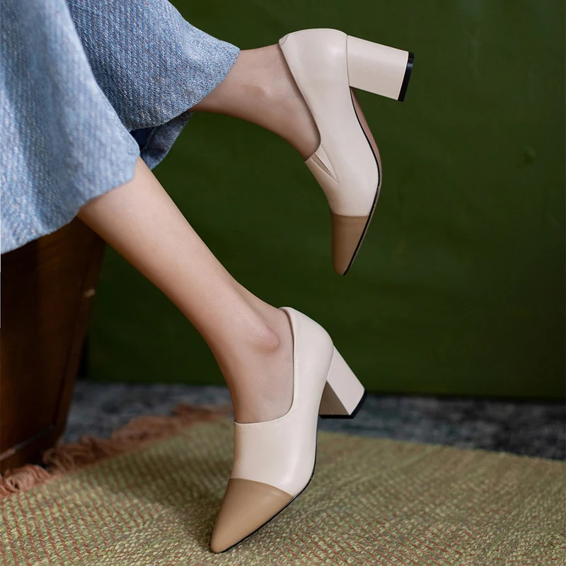 

MORAZORA 2021 Genuine Leather Pumps Women Square Heels Pointed Toe Mixed Colors Ladies High Heels Shoes Spring Office Shoes