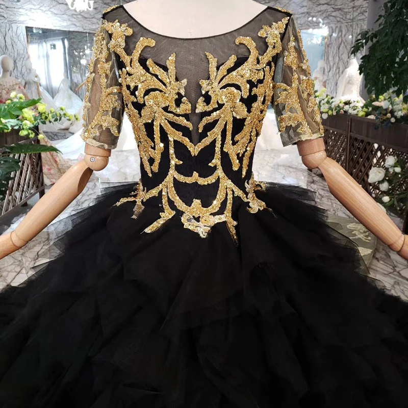 

BGW 3222ht Black Evening Dress Long For Women O-neck V-back Golden Lace Cake Style Formal Dress With Detachable Train 2020