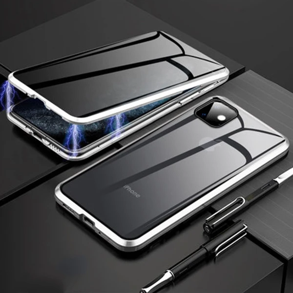 Серебристый Роскошные Чехлы с закаленным стеклом для iPhone 11, чехол, не подсвечивающий Магнитный чехол, чехол для Apple iPhone 11 Pro Max 360, полный Чехол - Цвет: Серебристый