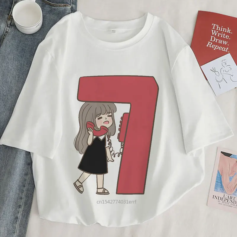 

Women Harajuku Birthday Short Sleeve Aesthetic White Top Tee Kawaii Numeral Graphic Print T-shirt