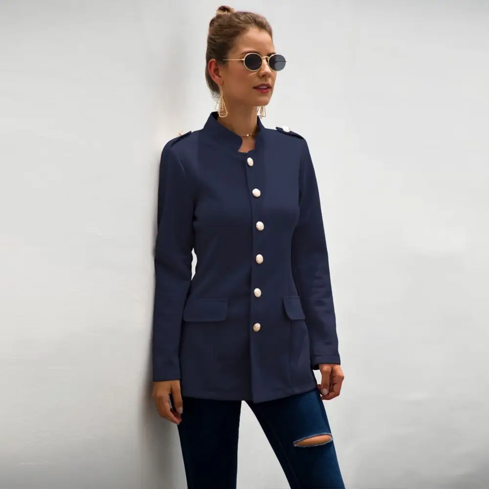 

WEPBEL Blazers Spring Long Sleeve Pocket Slim Fit Patchwork Stand Collar Coat Blazers Women's Solid Color Single-Breasted Jacket