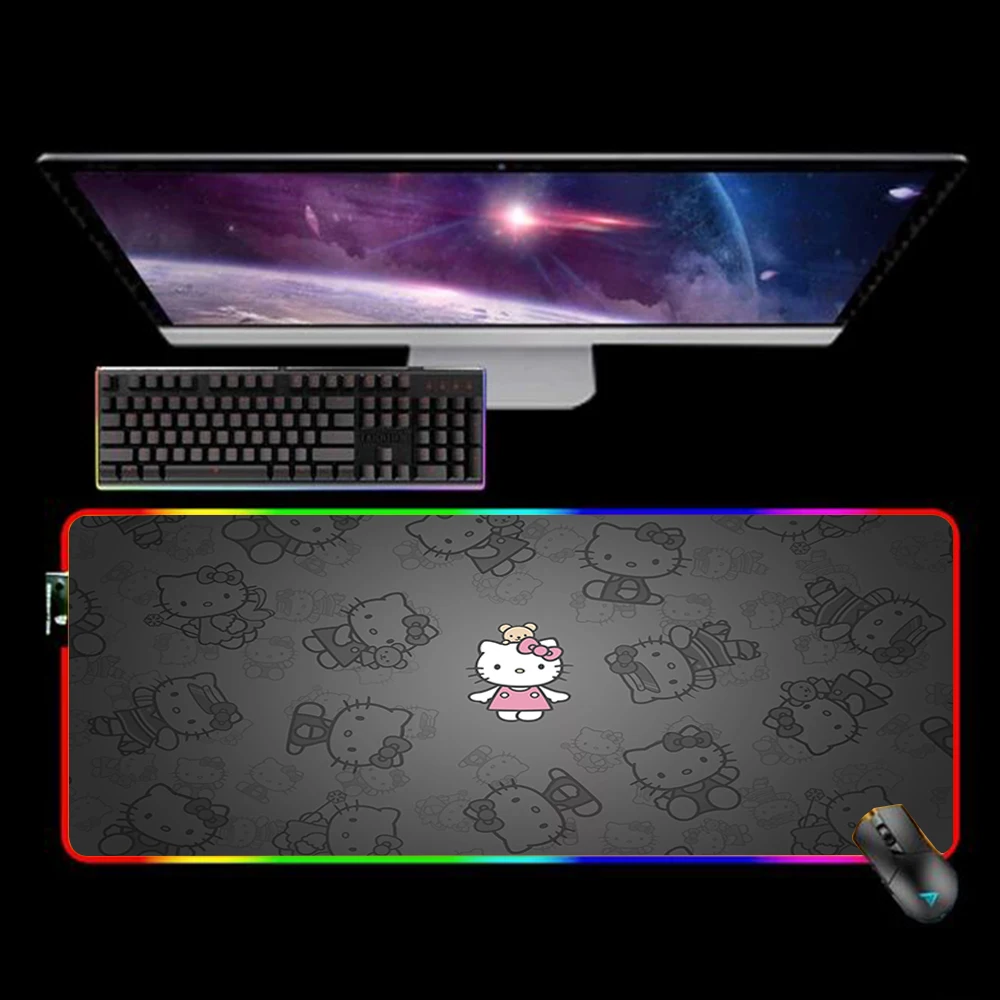 

RGB Mouse Pad 60X30 Cute Mousepad XXL Keyboard Mat Kawaii Hellos Cat Kitties Mause Pad Rubber No-slip with Backlit Deskmat 90X30
