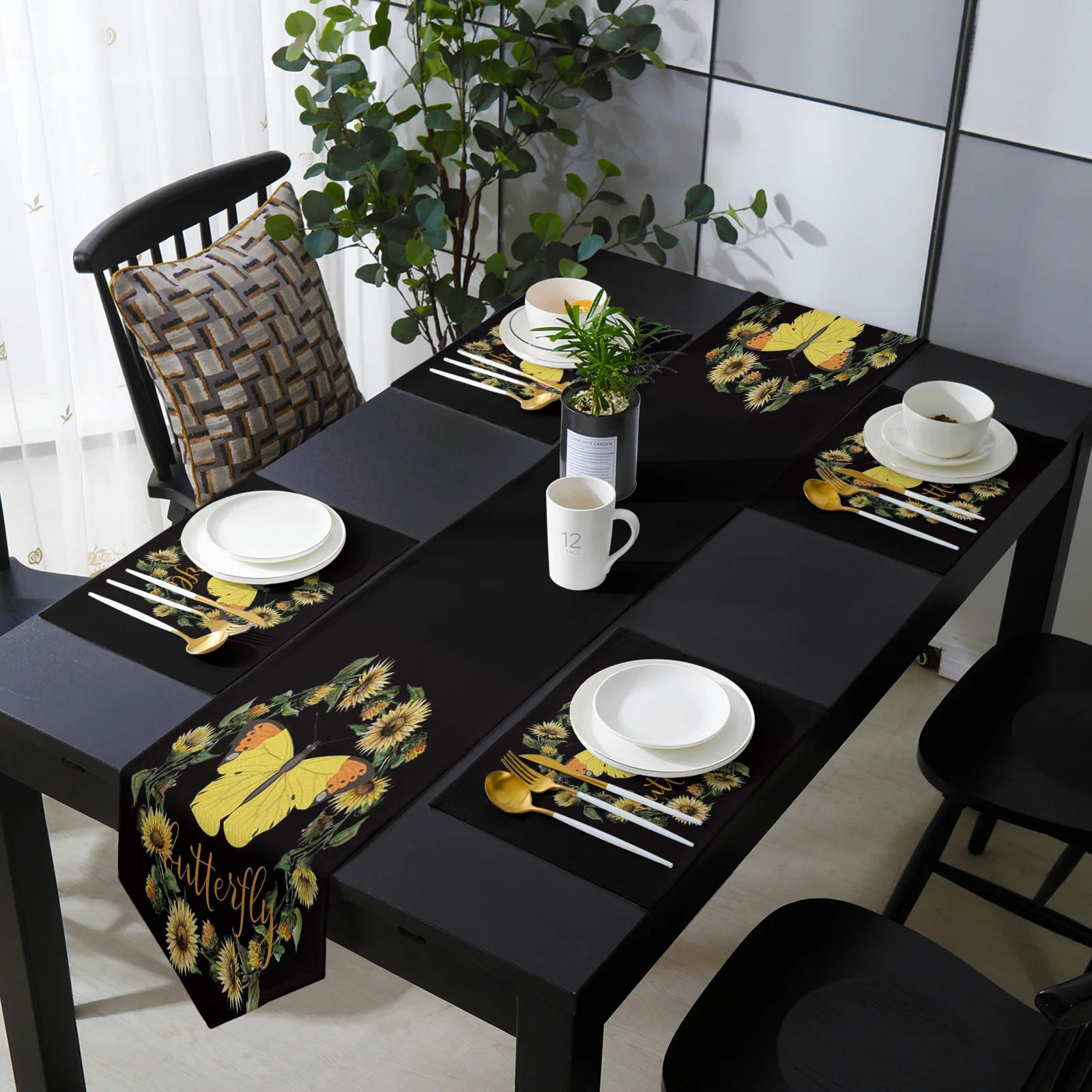 Бабочка венок из подсолнухов черный стол бегун и набор столовых ковриков