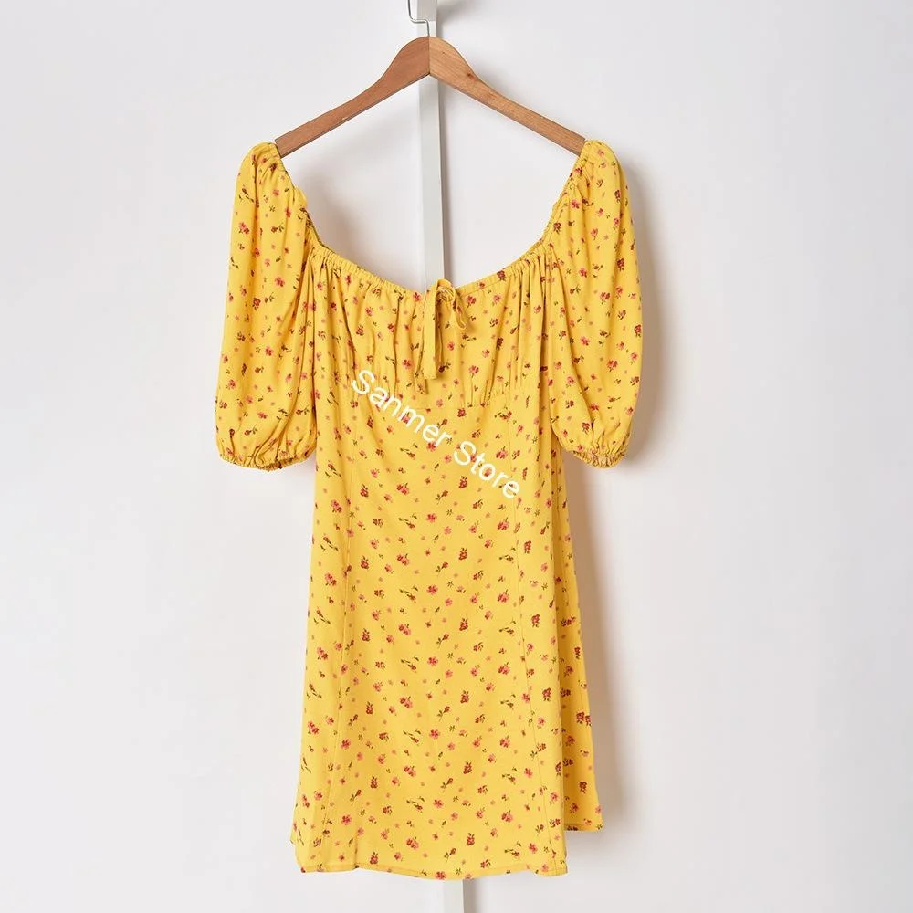 

Женское мини-платье с цветочным принтом, желтое платье-трапеция с квадратным вырезом, рукавами-фонариками, открытой спиной и шнуровкой в ст...