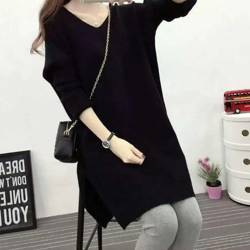 

New Arrival Thick Winter Knitted Women Sweater long solid color v-neck pullovers plus size mas weight 75kg