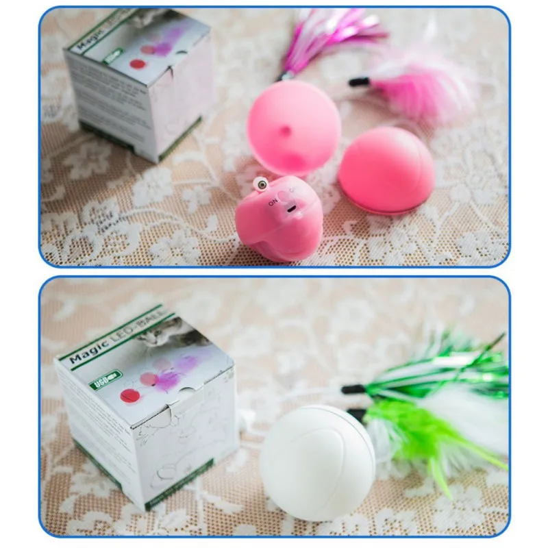 

Rolling Cat Ball Toy With Magnetic Feathers Interactive Teasing Multi-function LED Cat Toy