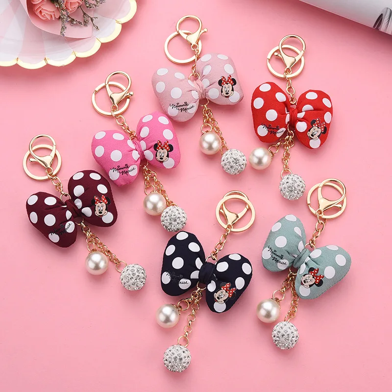 

Disney New Mickey Keychain Bow Tie Poly Dot Pillow Knot Pearl Drill Key Chain Ball Tassel Pendant Keyring