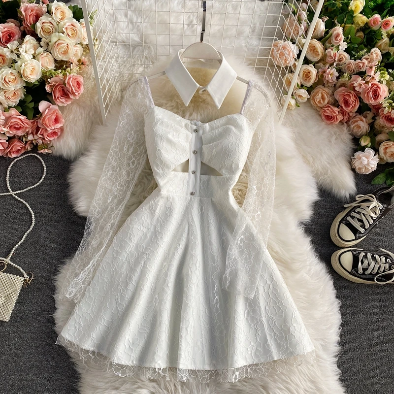 

Women's Early Spring Long Sleeve Dress 2022 New All-match Hollow Out High Waist A Line Dresses Lace Square Collar Vestido