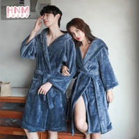 hnmchief blue flannel bathrobe spring robe long sleeve hooded nightgown womensmens pajamas coral fleece home wear night dress