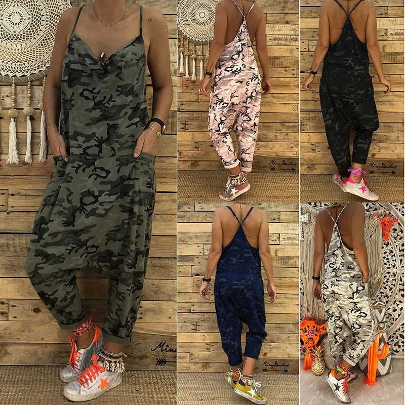 

Summer Women Sexy Jumpsuits Camouflage Print V Neck Casual Sleeveless Military Streetwear Rompers