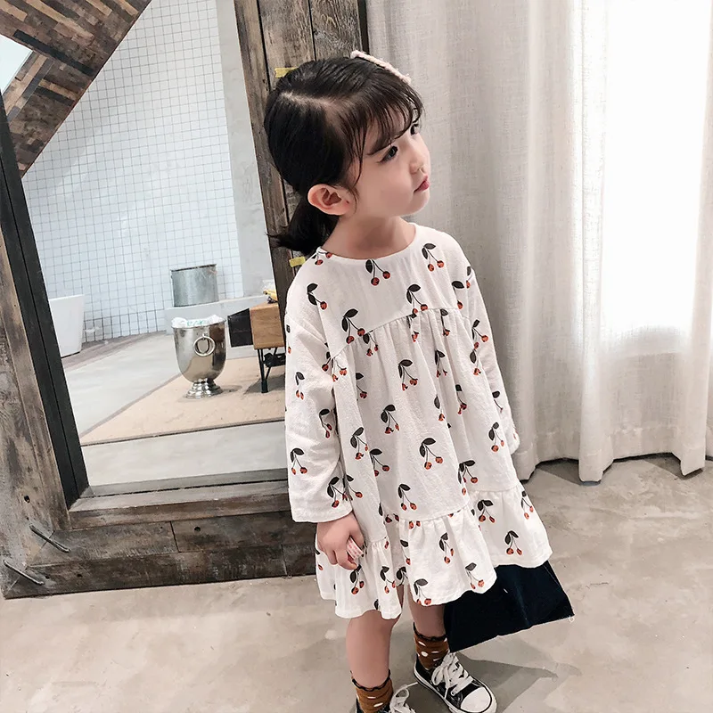2022 autumn pure cotton cute cherry printed long sleeve princess dresses for girls children kids loose casual dress | Детская одежда и