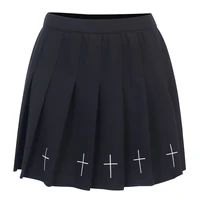 women high waist mini skirts gothic streetwear cross print pleated black white casual college lolita harajuku skirt