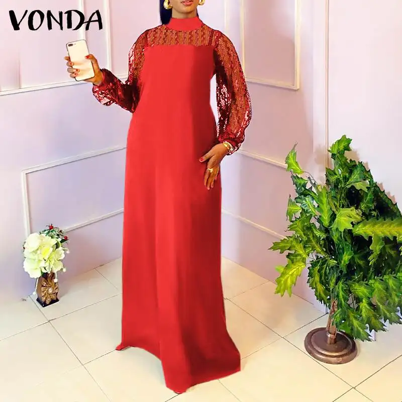 

Loose Dress 2022 VONDA Women Casual High Neck Lace Patchwork Dress Ladies Lantern Sleeve Bohemian Party Vestidos Oversize Robe
