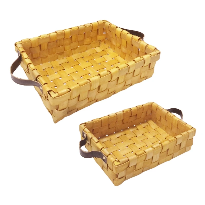 

Hand-woven Fruit Storage Basket with Double Handle Bread Serving Tray Multipurpose Handcrafted Platter Retro Classic Picnic P31E
