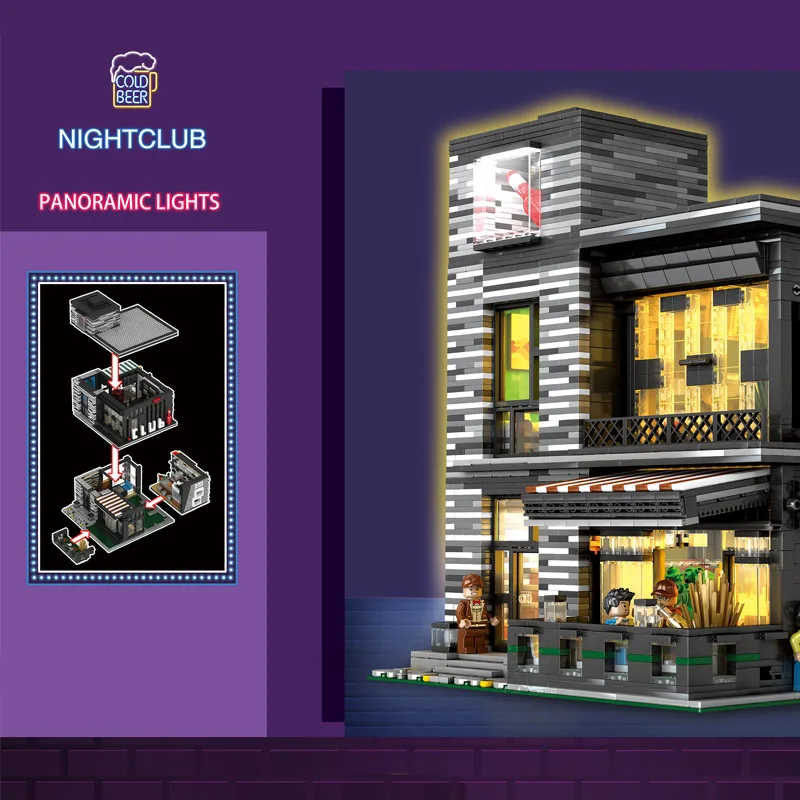 

Creator Expert Moc Bricks Club Bar Modular Bricks 3622Pcs City Street view Model Building Blocks With Light Downtown Bar Bricks