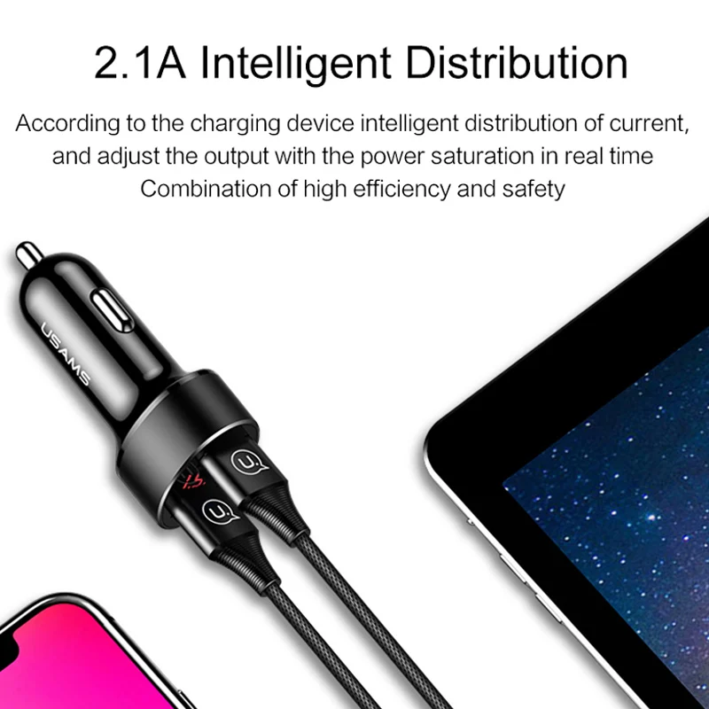 USAMS автомобильный Зарядное устройство с светодиодный Дисплей Dual USB для samsung Xiaomi