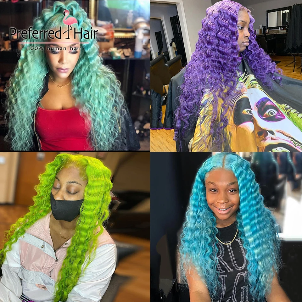 

Preferred Lemon Green Purple Deep Wave Wig Sky Blue Pre Plucked 13x4 Lace Front Wig Brazilian Remy Human Hair Wigs for Women