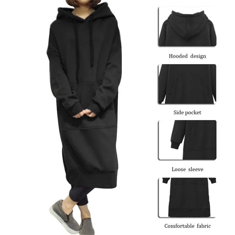 

2021 New Autumn Winter Sweatshirt Oversized Women Solid Color Long Sleeve Loose Pullovers Drawstring Pockets Thick Hoodies Dress