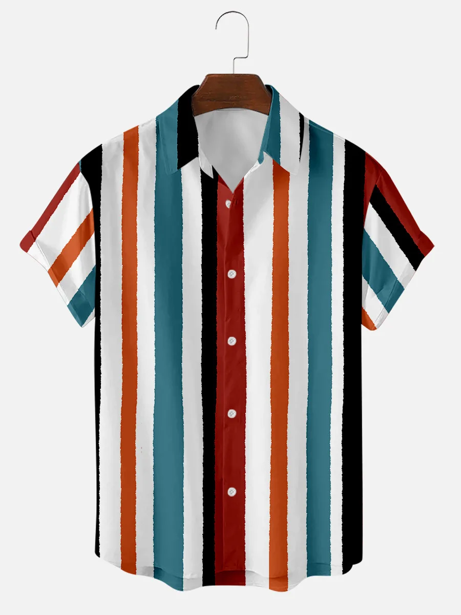 Large Size Men's Shirt Summer Short Sleeve Shirt for Men Multi-color Striped Shirt Plus Size Men's Shirts Hawaiian Shirt Beach