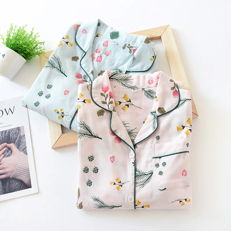 

100% Gauze Cotton Long Sleeve Casual Sleepwear Fresh Flower Leaf Pajama Sets Women Women Pyjamas Summer Hot Sale 2020