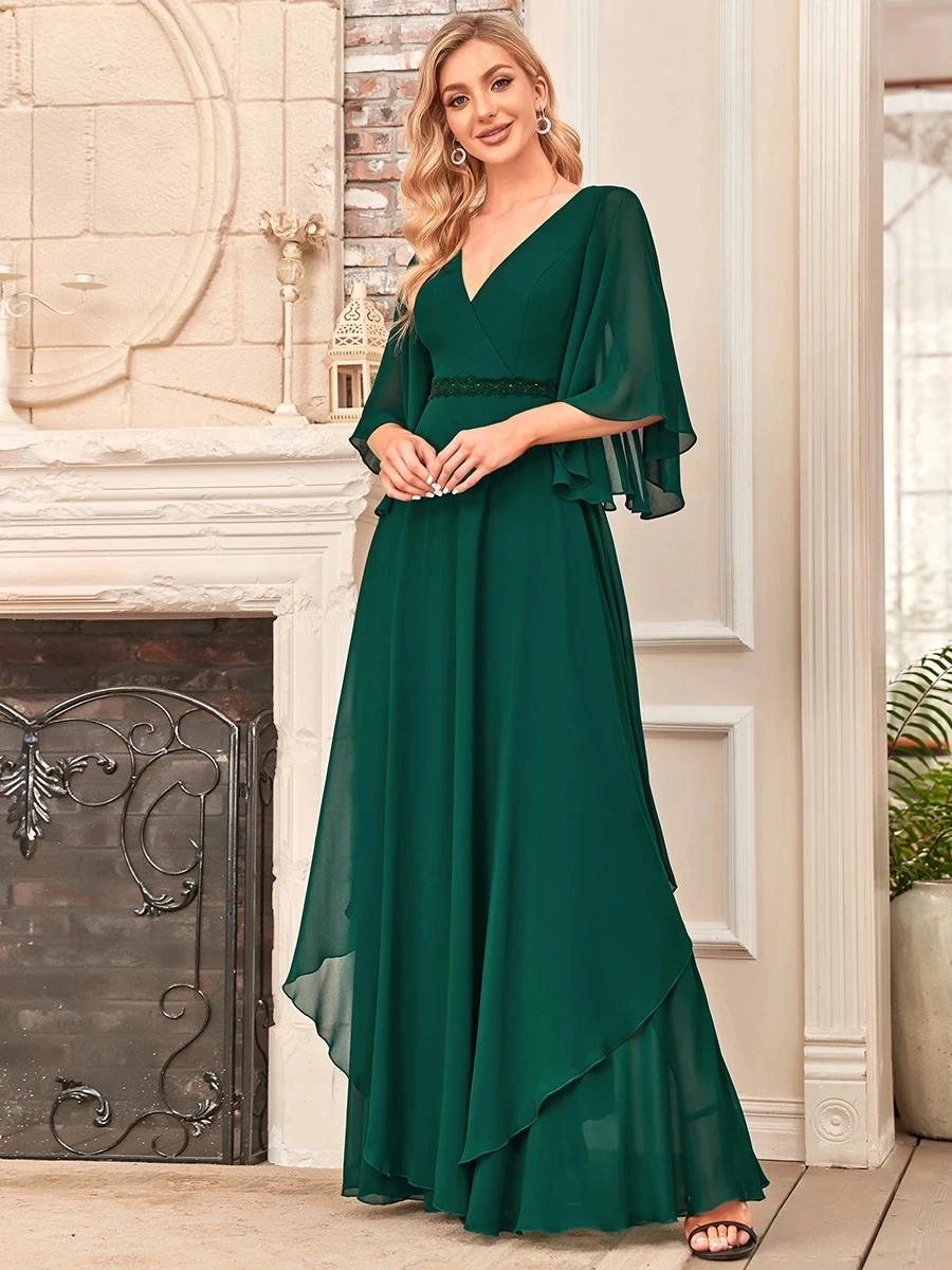 

Elegant Evening Dress Chiffon Half Sleeves Deep V Neck Floor Length Ever Pretty 2022Prom Dresses Vestidos De Gala Robe De Soirée