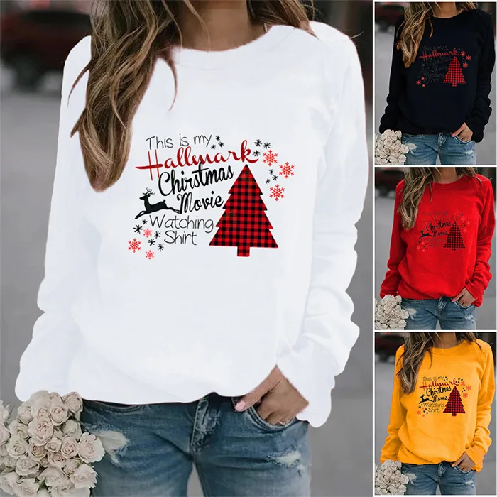 

Women Hoodie Christmas Movie Watching Shirt Printed Hoodies Women Fleece Long Sleeve O Neck Loose Sweatshirt Girls Pullovers
