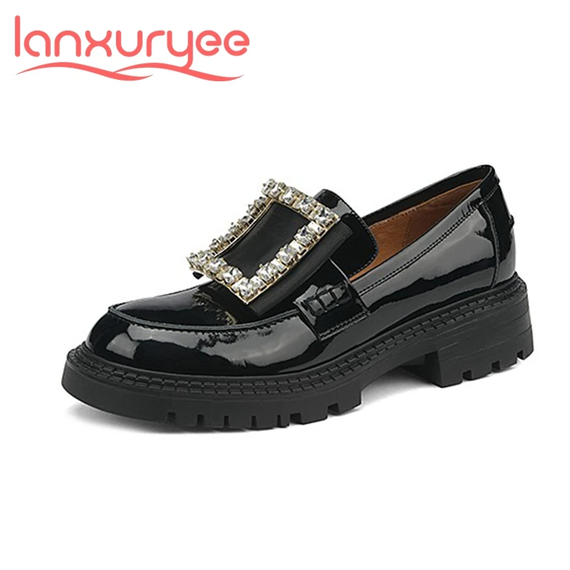 

Lanxuryee 2022 new spring cow patent leather loafers ins round toe crystal square button thick bottom med heels luxury pumps l65