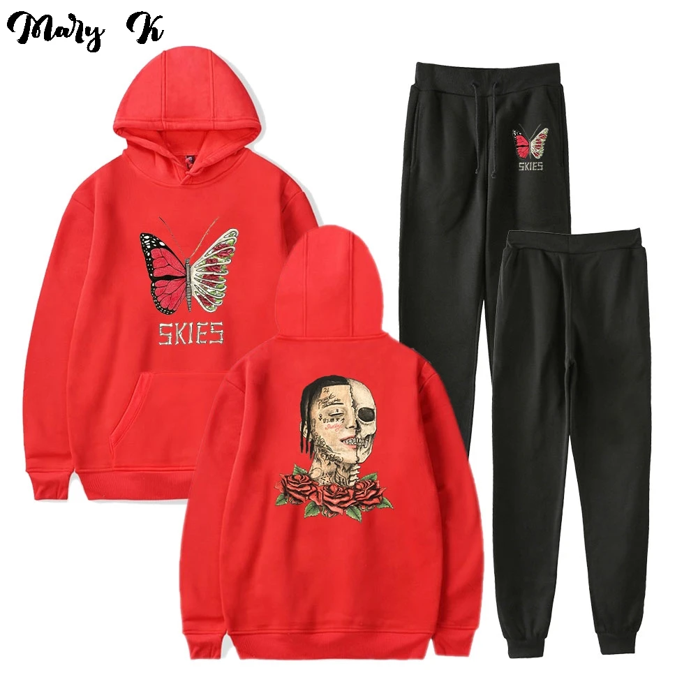 

2020 New Print Lil Skies Butterfly Ribs Two Piece Set Women/Men Hoodies+Long Pants Pullover Fashion Harajuku Suit