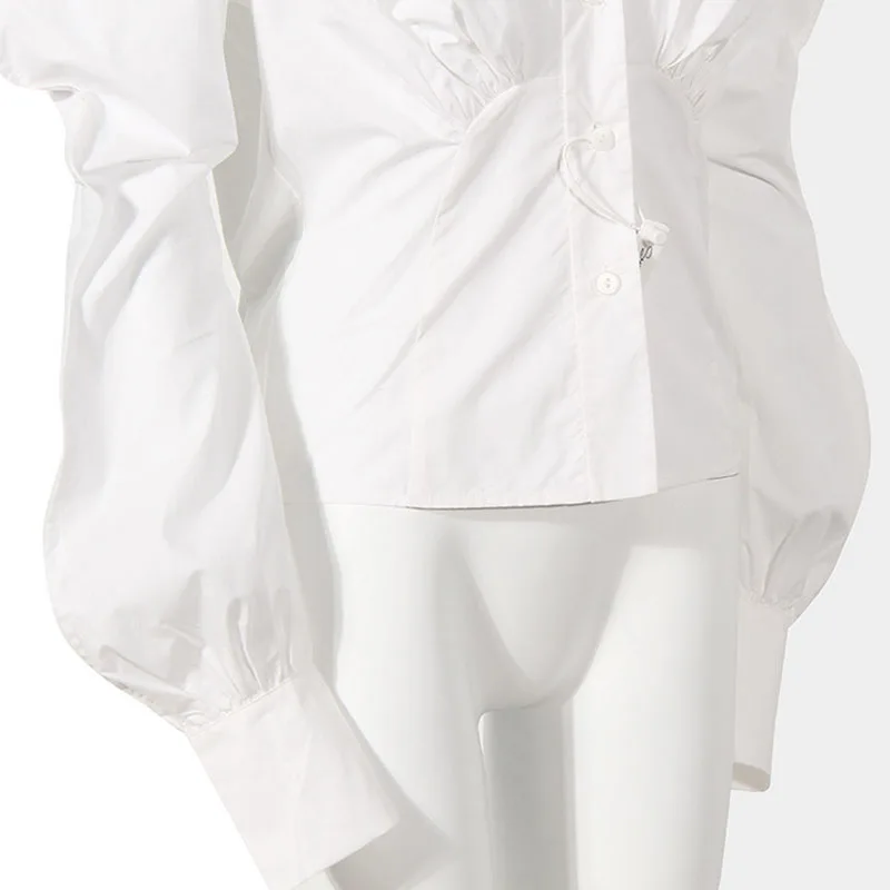 

TWOTWINSTYLE White Slim Temperament Shirt For Women V Neck Long Sleeve Casual Joker Blouse Female Fashion New Clothing Spring