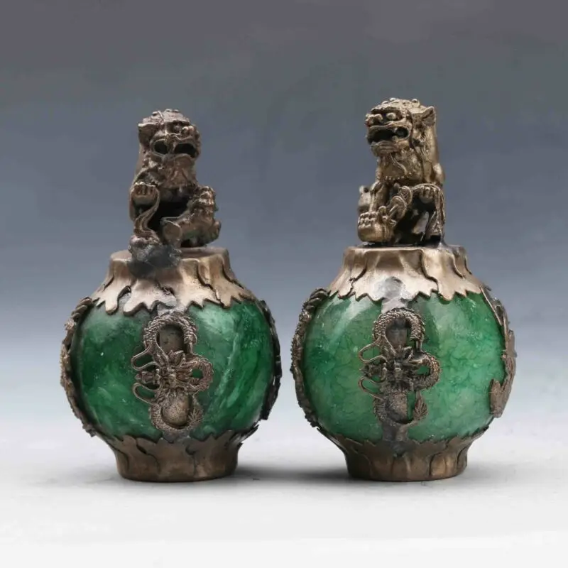 

EXQUISITE CHINESE SILVER DRAGON INLAID GREEN JADE HAND CARVED PAIR LION STATUE