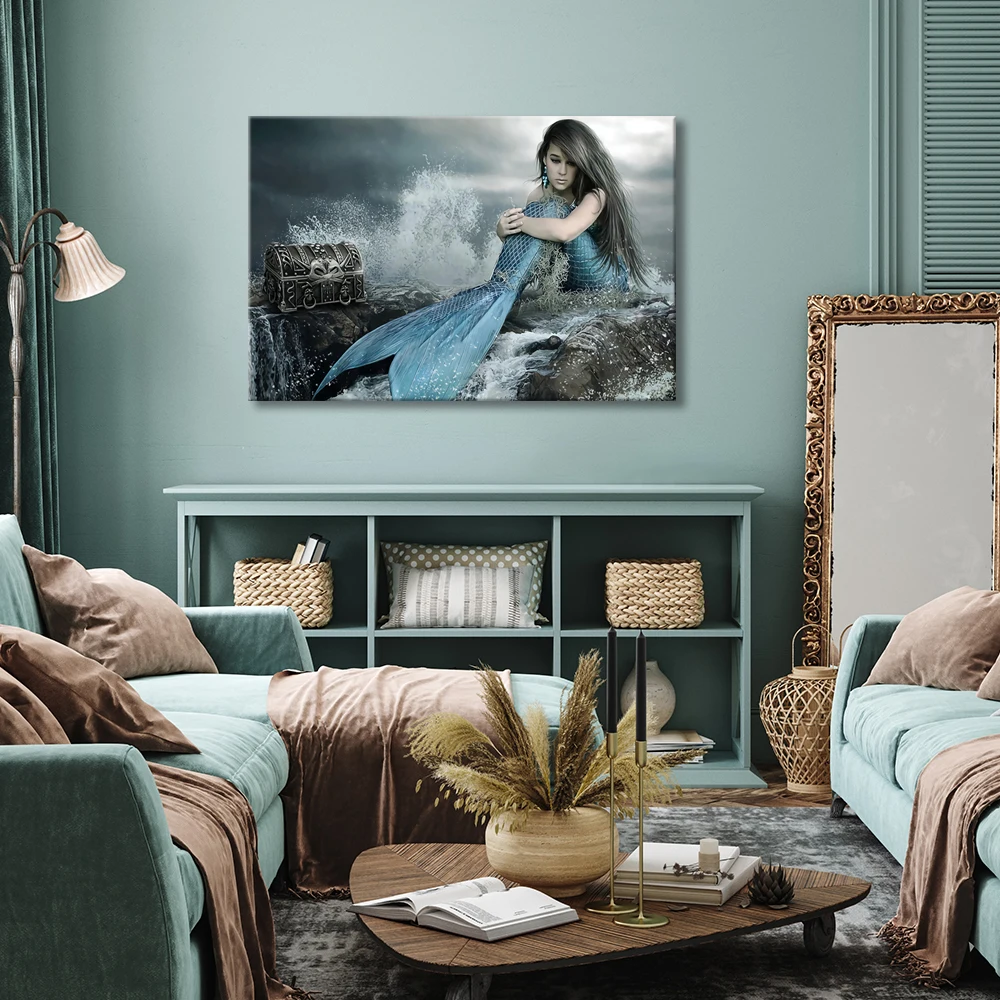

Mermaid Wall Art Bathroom Decoration Cyan Picture Canvas Painting Ocean World Poster Bedroom Kitchen Fish Painting Frameless
